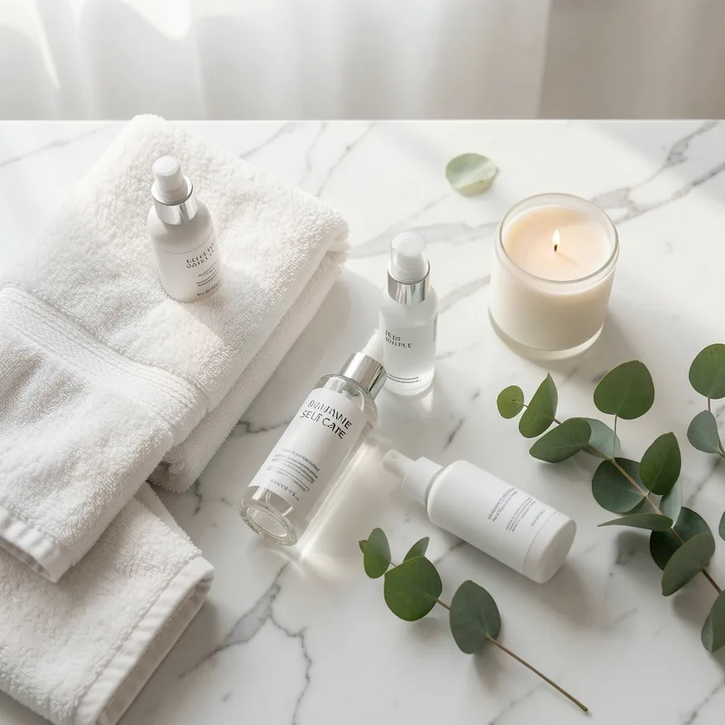 Produits de soin du visage et accessoires beauté posés sur un plan en marbre